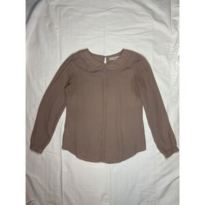 LOFT Womens Taupe Peter Pan Collar Long Sleeve Blouse Size S Pleated Front Top